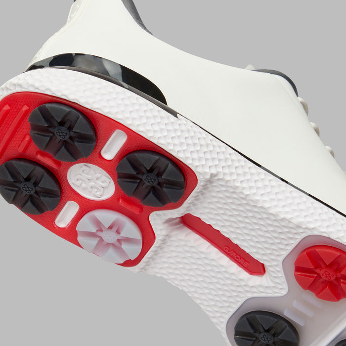 G/FORE Gallivan2R Camo Welt Spikeless Golf Shoes in white with camo welt, view of the sole system close up