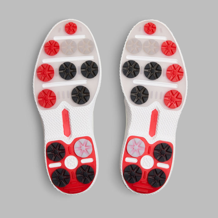 G/FORE Gallivan2R Camo Welt Spikeless Golf Shoes in white with camo welt, view of the sole. Pair view