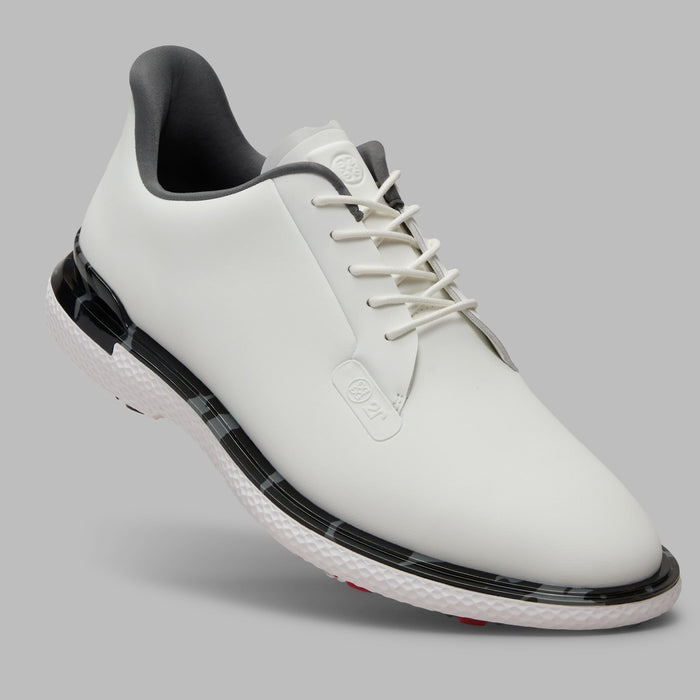 G/FORE Gallivan2R Camo Welt Spikeless Golf Shoes in white with camo welt, hero view of right shoe showing the laces