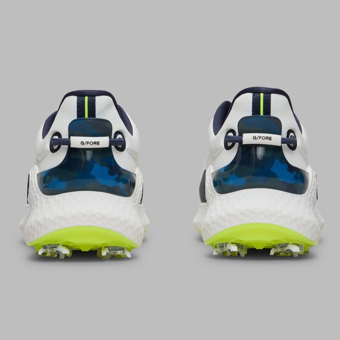 G/FORE MG4+ O2 G/LOCK Men's Golf Shoes in white and navy with lime green accents view of the heels
