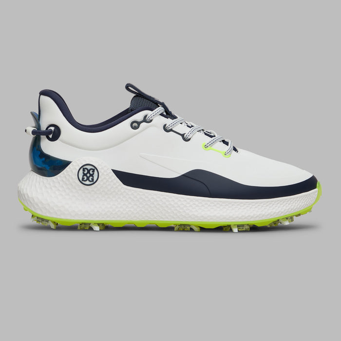 G/FORE MG4+ O2 G/LOCK Men's Golf Shoes in white and navy with lime green accents side view of right shoe