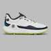 G/FORE MG4+ O2 G/LOCK Men's Golf Shoes in white and navy with lime green accents side view of right shoe