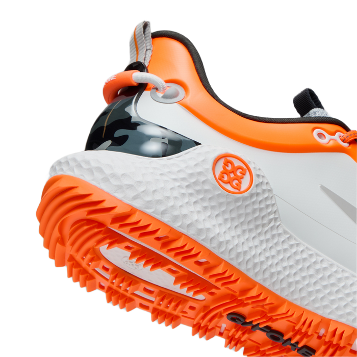 G/FORE MG4+ O2 Men's Spikeless Golf Shoes - New - heel view - white/orange