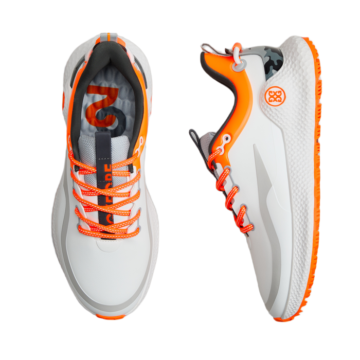 G/FORE MG4+ O2 Men's Spikeless Golf Shoes - New - White/Orange above and side view of pair