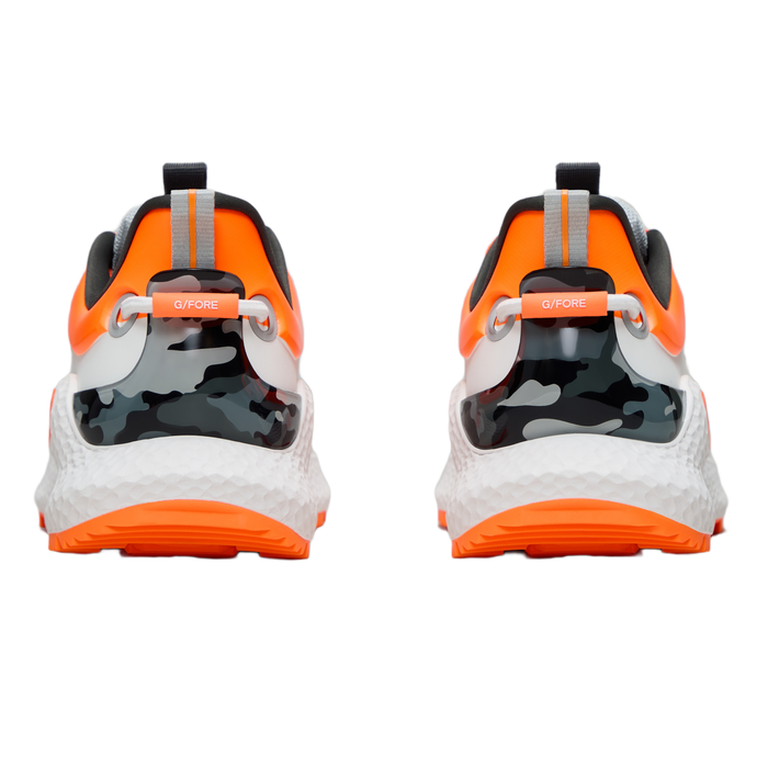 G/FORE MG4+ O2 Camo Accent Men's Spikeless Golf Shoes - New - white and orange back view of camo heel