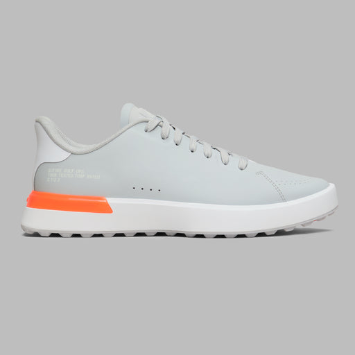 G/FORE G.112 Spikeless Golf Shoes in grey with orange and white detailing. Side view of right shoe