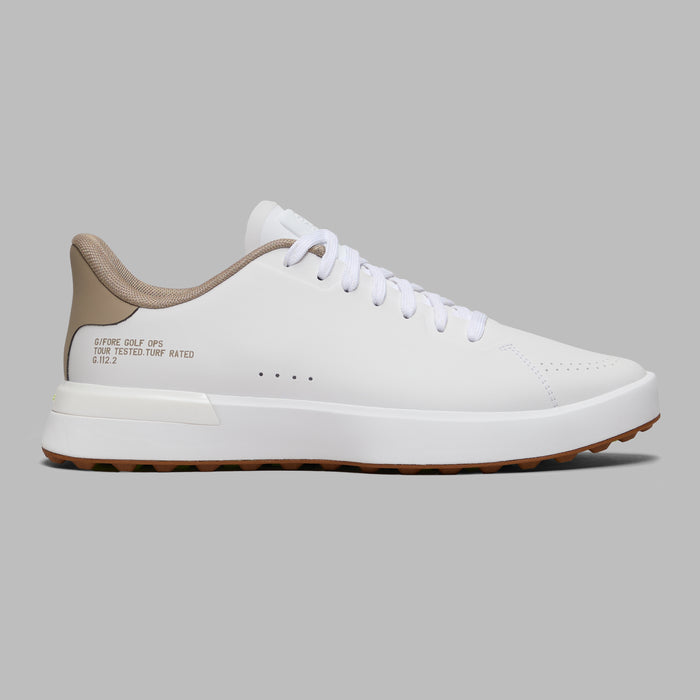 G/FORE G.112 Spikeless Golf Shoes in white and dune beige, view of side of right shoe