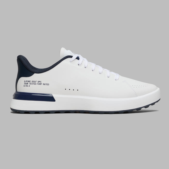 G/FORE G.112 Spikeless Golf Shoes in white and navy, view of the right shoe