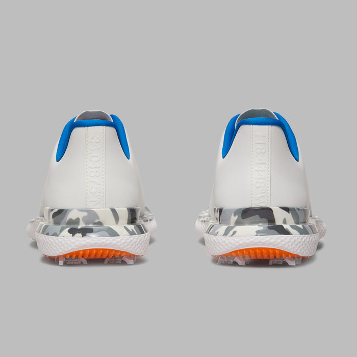 G/FORE Gallivan2r G/LOCK Camo Welt Golf Shoes - white, blue, camo & orange accents, view of heel