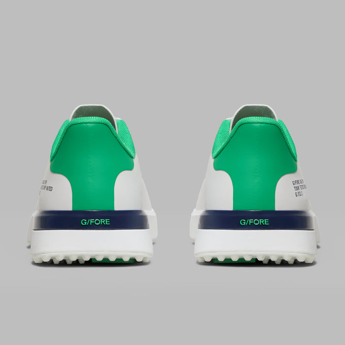 G/FORE G.112 Embossed Skull & Tees Spikeless Golf Shoes in white with green and navy accents, view of the heels showing the G fore branding
