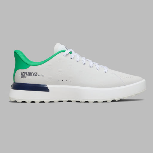 G/FORE G.112 Embossed Skull & Tees Spikeless Golf Shoes in white with green and navy accents, showing the outside of the right shoe