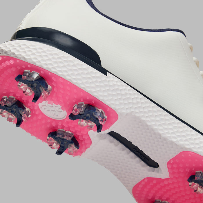 G/FORE Gallivan2R Split Toe G/LOCK Golf Shoes in white with navy trim and pink sole. close up of heel and sole