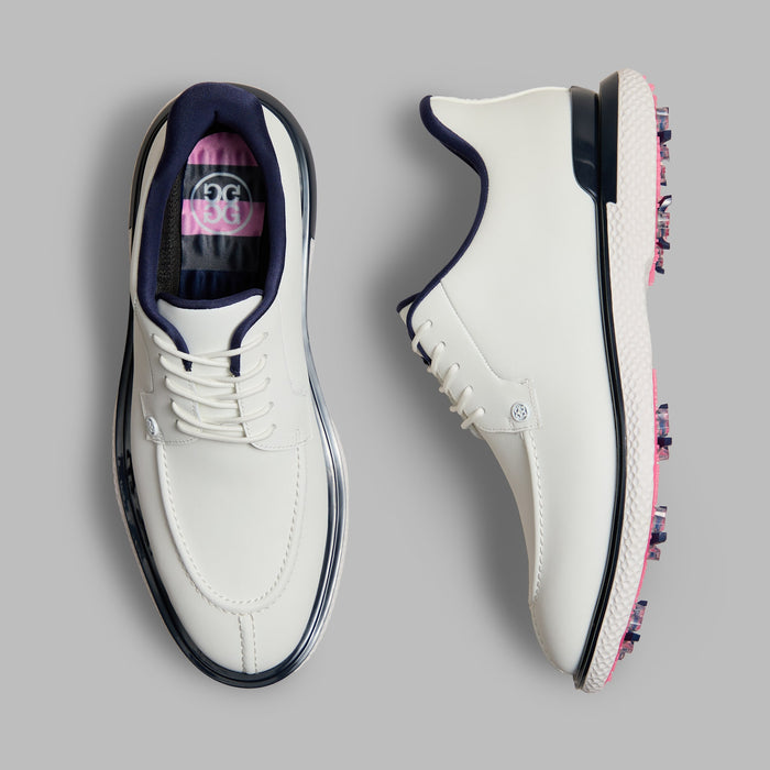 G/FORE Gallivan2R Split Toe G/LOCK Golf Shoes in white with navy trim and pink sole. View from above of pair with one shoe on its side