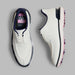 G/FORE Gallivan2R Split Toe G/LOCK Golf Shoes in white with navy trim and pink sole. View from above of pair with one shoe on its side