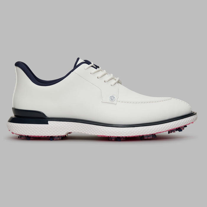 G/FORE Gallivan2R Split Toe G/LOCK Golf Shoes in white with navy trim and pink sole. Side view of right shoe