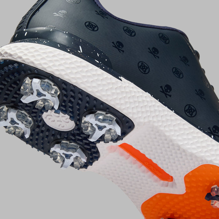 G/FORE Gallivan2r G/LOCK Skull & Tees Golf Shoes in twilight navy, close up of the heel and sole system