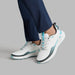 G/FORE MG4+ O2 Gradient G/LOCK Golf Shoes in white and light blue, view of the pair on a model close up