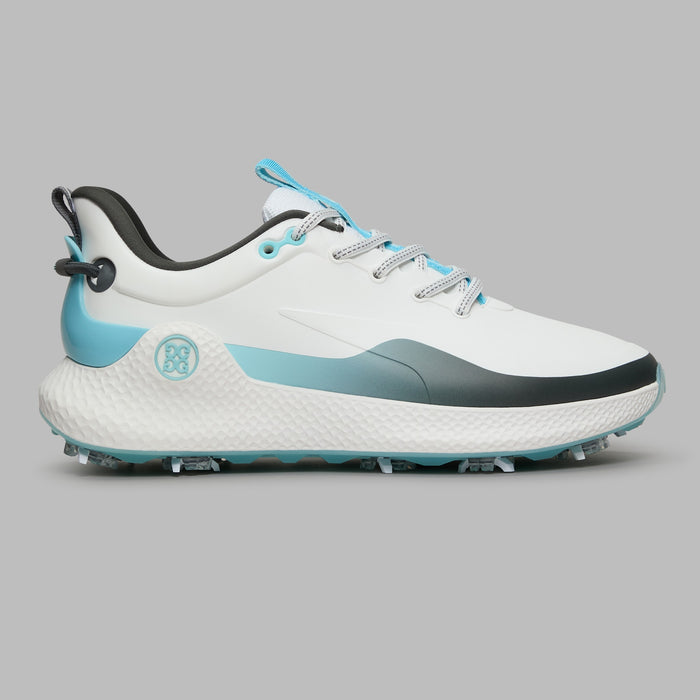 G/FORE MG4+ O2 Gradient G/LOCK Golf Shoes in white and light blue, view of outside of right shoe