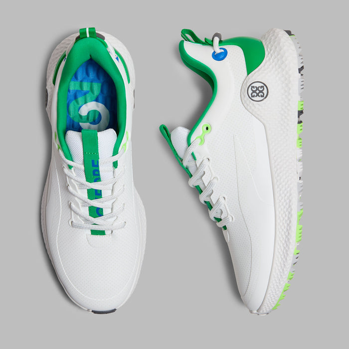 G/FORE MG4+ O2 Perforated Men's Spikeless Golf Shoes in white and green, view of the pair from above