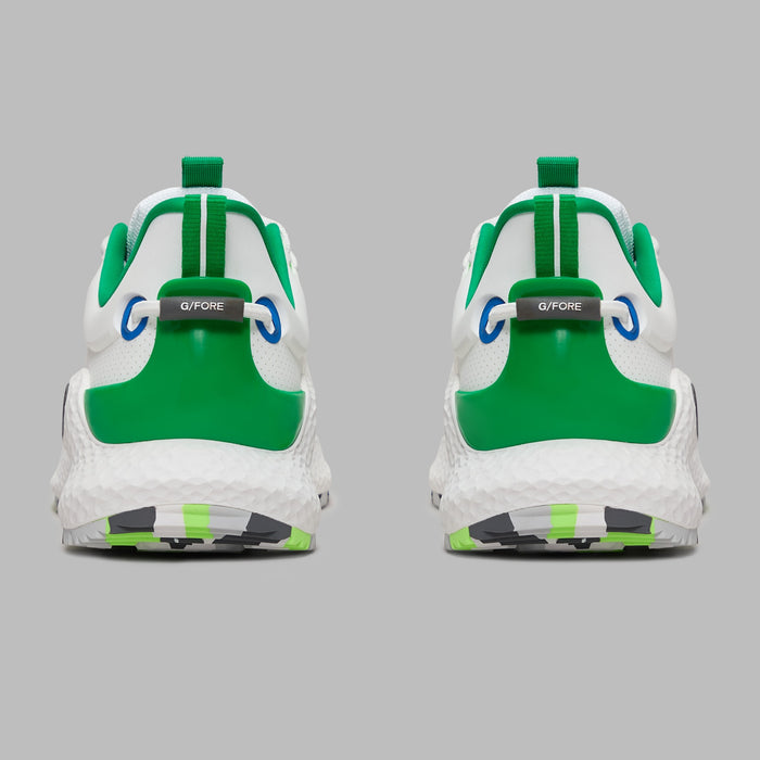 G/FORE MG4+ O2 Perforated Men's Spikeless Golf Shoes in white and green, view of the heel of the pair