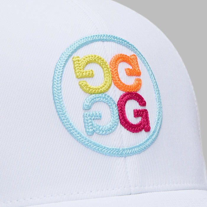 G/FORE Chainstitch Circle G's Contrast Golf Hat in white, close up of multi colour logo