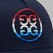 G/FORE Gradient Circle G's Mid Trucker Golf Hat in navy, close up of red white and blue logo