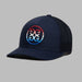 G/FORE Gradient Circle G's Mid Trucker Golf Hat in navy with red white and blue logo