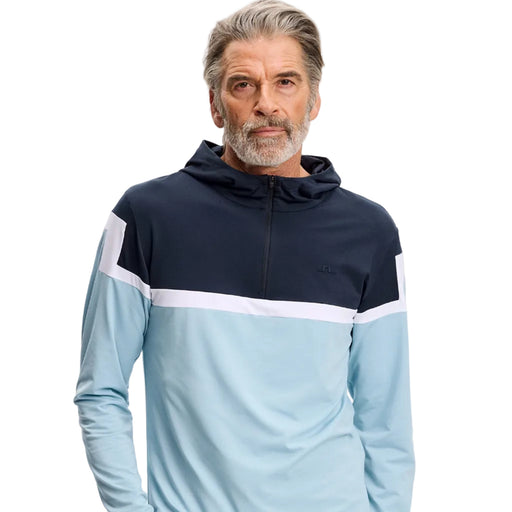J.Lindeberg Sole Golf Hoodie in navy and blue on model showing front of garment