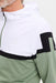 white, green and black J.Lindeberg Sole Golf Hoodie on model, close up of JL logo