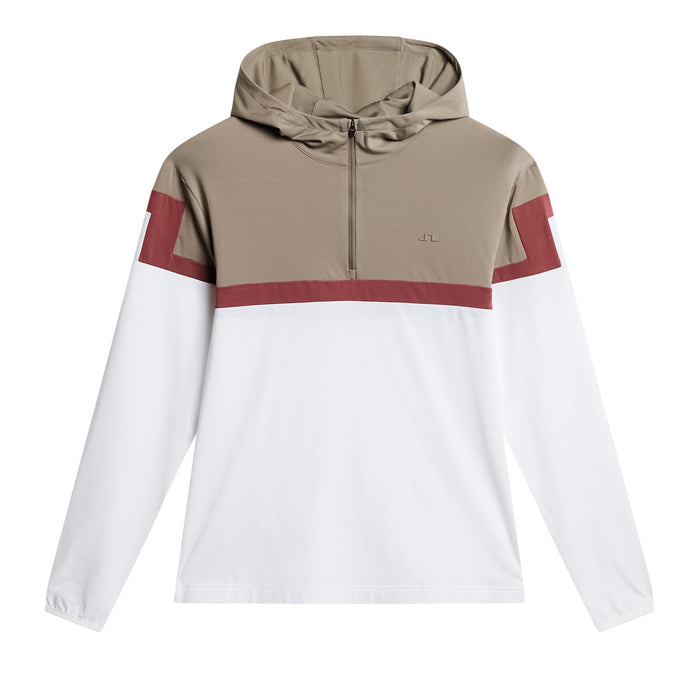 Beige red and white J.Lindeberg Sole Golf Hoodie front with sleeves and hood out
