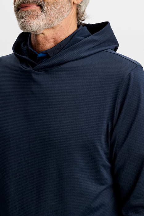 close up on model of J.Lindeberg Vent Golf Hoodie