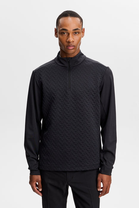 male model wearing J.Lindeberg Lassy Quarter Zip Golf Mid Layer in black