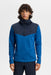 J.Lindeberg Maclean quarter zip golf hoodie in blue and navy with a high collar and hood, front view.