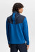 Back view of J.Lindeberg Maclean quarter zip golf hoodie in blue and navy with branded hood detailing.