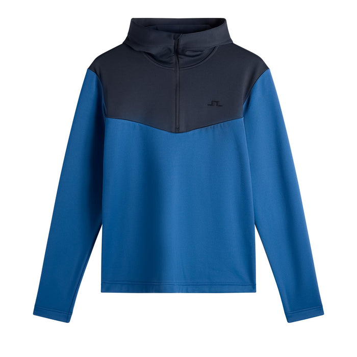 J.Lindeberg Maclean quarter zip golf hoodie in Set Sail blue and navy, front view with hood and chest logo.