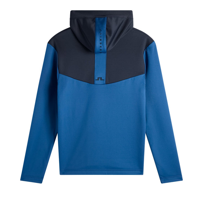 Back view of J.Lindeberg Maclean quarter zip golf hoodie in blue and navy with a branded hood and technical fabric.