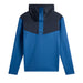 Back view of J.Lindeberg Maclean quarter zip golf hoodie in blue and navy with a branded hood and technical fabric.