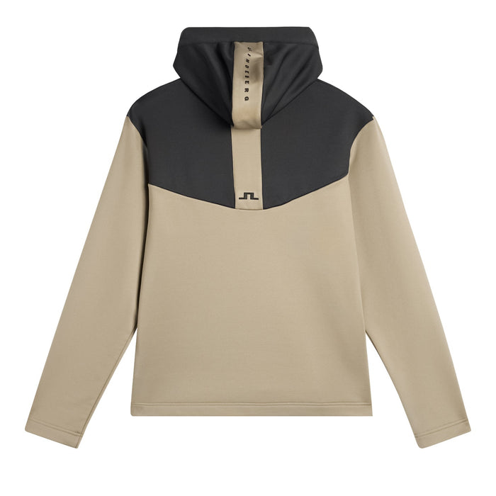 back of J.Lindeberg Maclean Quarter Zip Golf Hoodie in beige and black