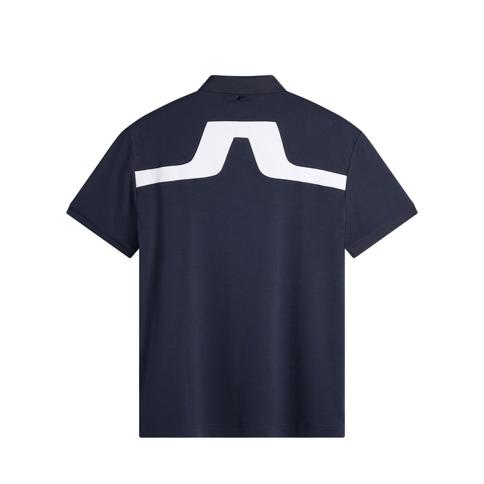 J.Lindeberg KV Golf Polo Shirt in navy showing the famous JL bridge design on the back
