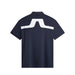J.Lindeberg KV Golf Polo Shirt in navy showing the famous JL bridge design on the back