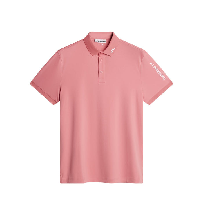J.Lindeberg Tour Tech Golf Polo Shirt in flamingo plume pink showing the front of the polo with white logos