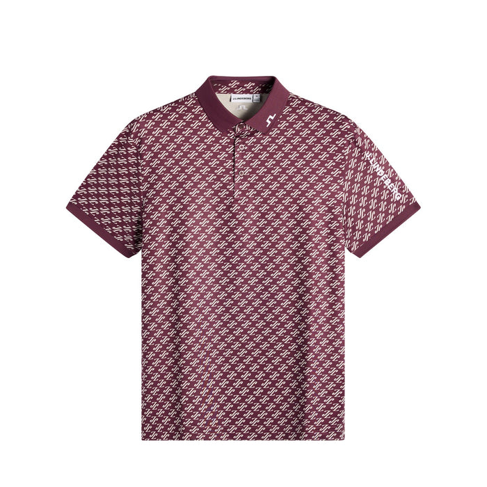 J.Lindeberg Tour Tech Print Golf Polo Shirt  in winetasting burgundy with JL pattern all over