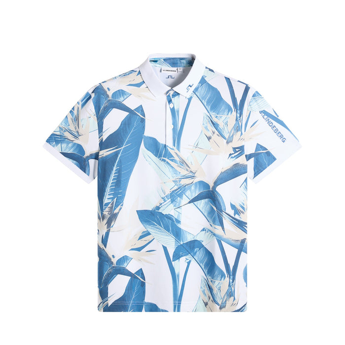 J.Lindeberg Tour Tech Print Golf Polo Shirt in paradise skylight, with leaf print all over - front view of shirt - 2026
