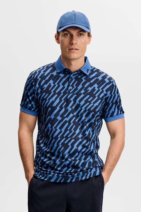 J.Lindeberg Tour Tech Print Golf Polo Shirt in oak federal on model facing forwards