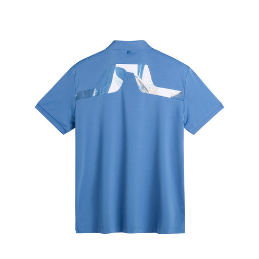 J.Lindeberg KV Print Golf Polo Shirt in federal blue, showing the printed bridge logo on back