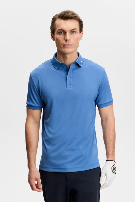 J.Lindeberg KV Print Golf Polo Shirt in federal blue on model. front view