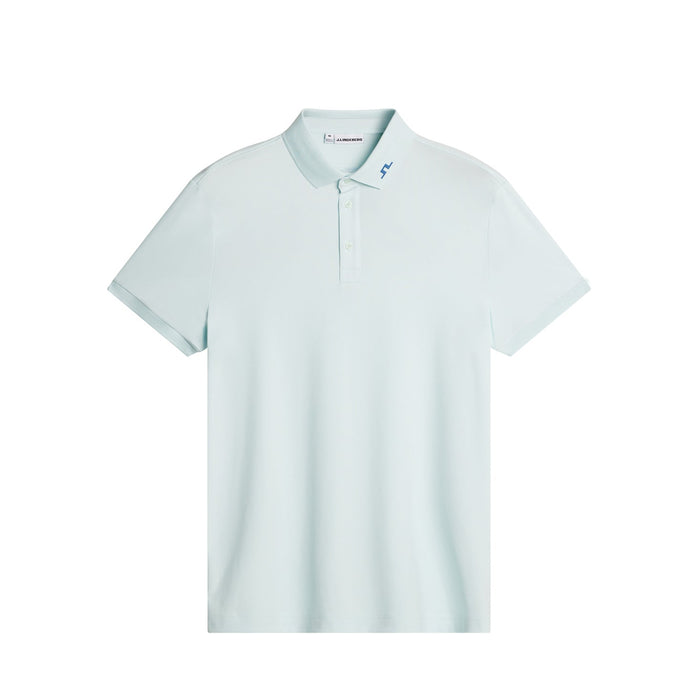 J.Lindeberg KV Print Golf Polo Shirt in paradise skylight. front view of polo