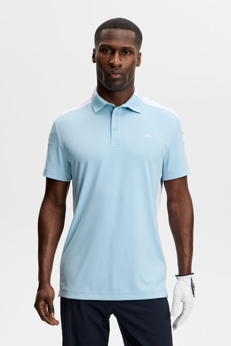 J.Lindeberg Bo Polo Golf Shirt in light blue on a model face on