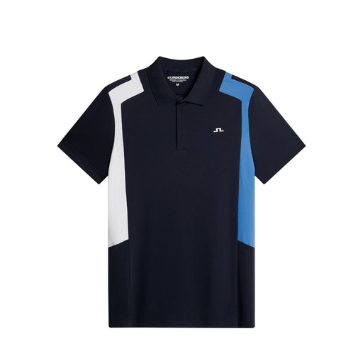 J.Lindeberg Legacy Golf Polo Shirt in navy  with blue and white detailing. Front view of shirt