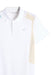 J.Lindeberg Legacy Golf Polo Shirt in white beige and light blue, close up of polo showing badge clearly